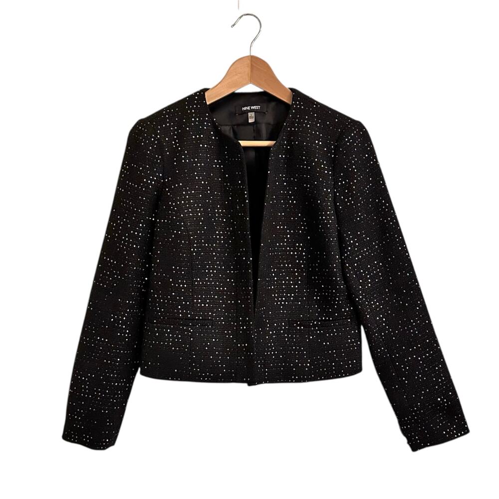 Nine West Iridescent Sparkle Open Front Cropped Blazer Jacket Sz 4 NYE Metallic
